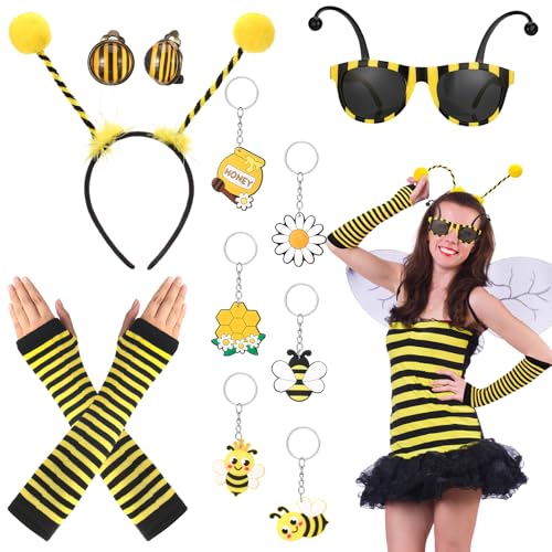 4 Stk Bienen Kostüm Damen mit 6 Biene Schlüsselanhänger, Bienenkostüm Damen Mädchen Karneval Kostüm Cosplay Bienen Kostüm Bienen Haarreif Biene Brille Biene Fingerlose Handschuhe Biene Ohrringe von patinadrift