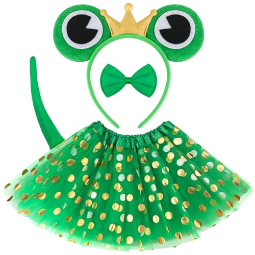 patinadrift 4 Stück Frosch Kostüm Set,Froschkostüm Kinder mit Frosch Stirnband Fliege Schwanz Tutu,Froschkönig Haarreifen Accessoire,Tierkostüm Kinder Set für Karneval Fasching von patinadrift