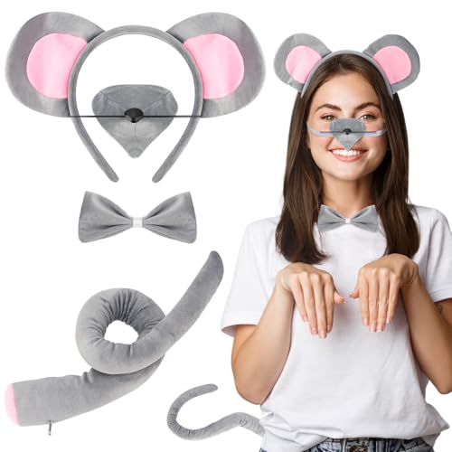 patinadrift 4 Stück Maus Kostüm Set,Verkleidung Kinder Tierkostüm Kit Maus Ohren Haarbänder Maus Nase Fliege Schwanz,Tier Kostüm Zubehör für Kinder Erwachsene Karneval Halloween von patinadrift