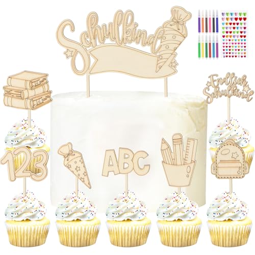 patinadrift 8 Stück Einschulung Holz Tortendeko Cake Topper Schulkind ABC 123 Schulanfang Kuchendeko mit 12 Aquarellstift, Glitzer Aufkleber Schuleinführung Kuchen Deko für Kinder Mädchen Junge von patinadrift