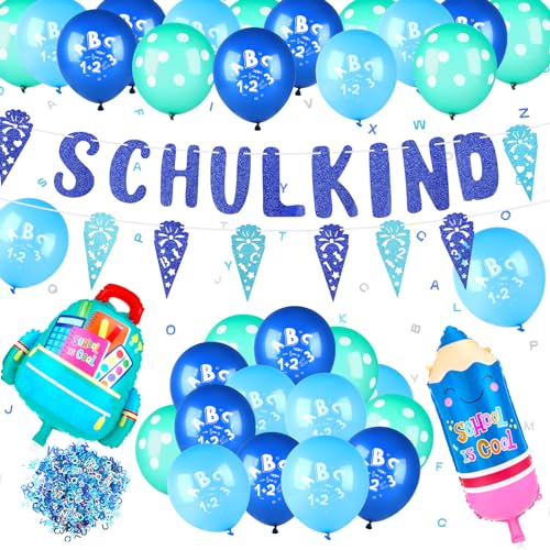 patinadrift Einschulung Luftballons Junge Blau Zuckertüten Schulkind Girlande Schulanfang Deko Jungen mit Konfetti Folienballon Einschulung Deko für Schulkind Jungen von patinadrift