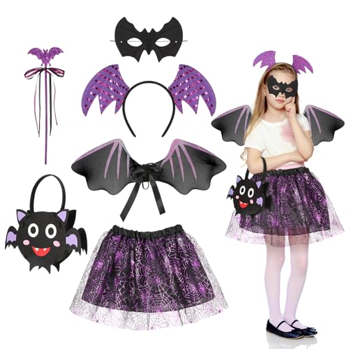 patinadrift Fledermaus Kostüm Mädchen 6 Stück Fledermaus Kostüm Kinder Set mit Flügel, Tutu, Haarreif, Stab, Maske und Handtasche, Halloween Fledermaus Kostüm für Halloween, Karneval, Cosplay Party von patinadrift