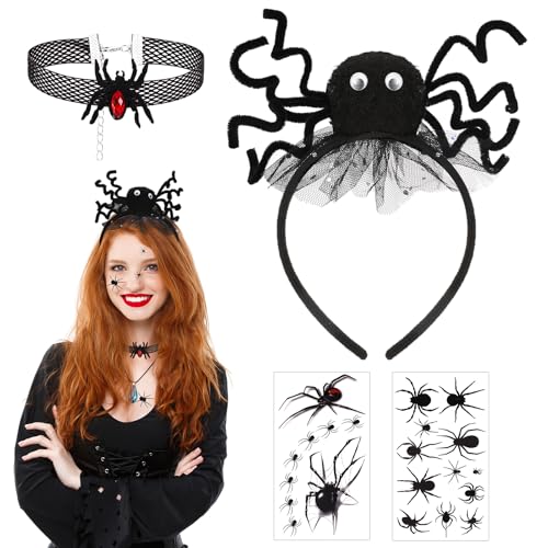 patinadrift Spinnen Haarreif Set Haarband Spinne mit Augen, Kopfschmuck mit Halsketten Tattoo Haarreif Karneval Haarschmuck Dekoration für Karneval, Halloween von patinadrift