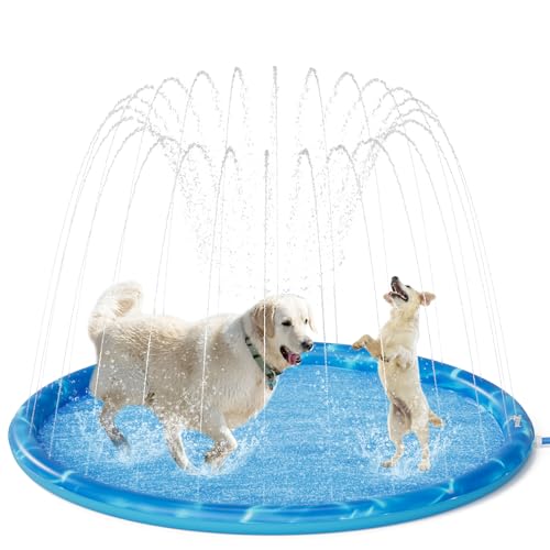 pecute Sprinkler Wasser-Spielmatte Splash(170 * 170 * 15cm), Sprinkler für Hunde Spritz wasserspiel Matte, Splash Pad mit rutschfeste einstellbare Wasserhöhe Blau,XL von pecute