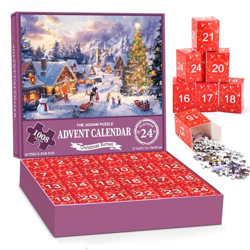 Adventskalender 2024 Puzzle, Familienurlaub Puzzle 1008 Teile Puzzles, 24 Boxen Puzzles für Countdown bis Weihnachten, Hausdekoration, Weihnachtsgeschenke für Erwachsene von peiranup