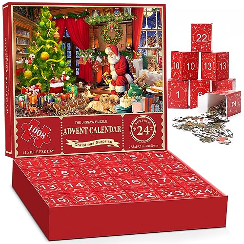 Jigsaw Puzzle, 70x50cm, 24 Boxen -1008 Teile Puzzles für Erwachsene und Kinder, Countdown bis Weihnachten, Der Weihnachtsmann bereitet Geschenke vor Hausdekoration von peiranup