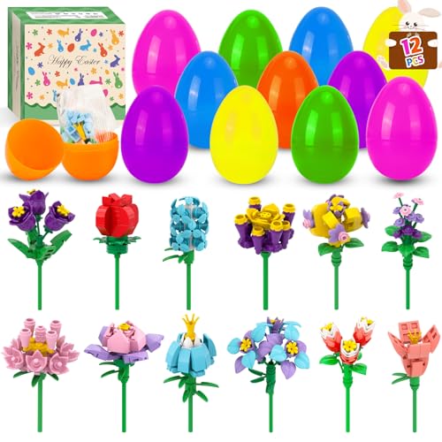 Ostergeschenke Kinder, 12 Stück Ostereier zum Befüllen mit Bausteinen für Blume, Plastik Ostereier Ideal für Osterkörbchen, Deko für Party & Klassenzimmer Perfekte Osteranreize für Jungen und Mädchen von peiranup