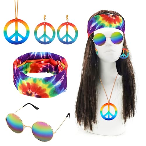 Hippie Perücken Damen 5er Satz 70er Jahre Outfit Hippie Zubehör Braun,Hippie Perücken Accessoires mit Buntes Stirnband,Sonnenbrille,Friedenszeichen Ohrringe und Halskette Kit Verkleidung Zubehör von peiyee