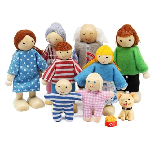 peiyee 8 StüCk Puppenhaus Puppen,HöLzerne Puppenhaus Puppen Familie Set Mit Hund,Puppenhaus Figuren,Puppenhaus Holz,Puppenfamilien FüR Kinder Spiel Haus Geschenk Holz von peiyee