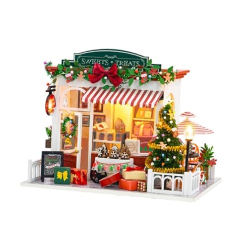 perfk DIY Weihnachtspuppenhaus Miniatur-Gartenhaus-Kit Sammlerstück mit Lichtern Mini-Hausbausätze für Shop Geburtstag Hobby von perfk