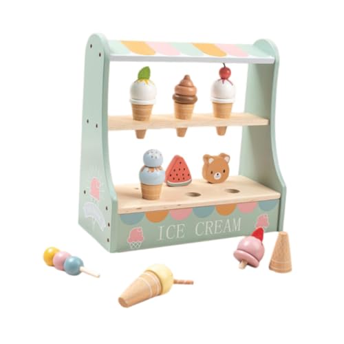 perfk Eiscreme-Spielzeug, realistisches EIS, Montessori mit Holzständer, Rollenspiel-Lebensmittelspielzeug-Set für Vorschulmädchen und Jungen, Geschenke von perfk