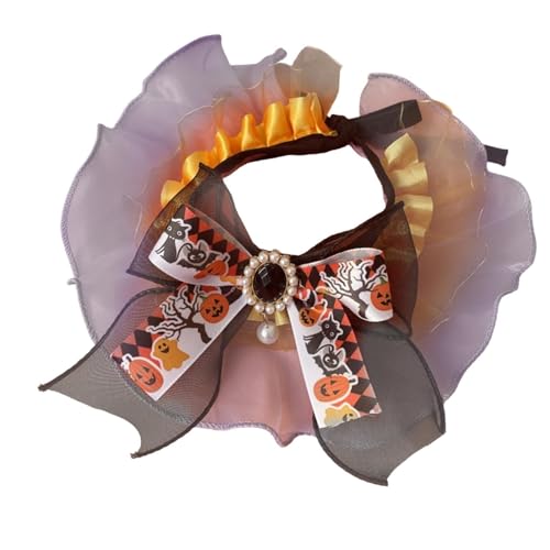 perfk Halloween-Katzenhalsband, Schal, süßes Halsband, Verkleidungszubehör, Haustier-Kostüm-Zubehör, Katzen-Spitzen-Latzhalsband für den Urlaub, Orange Violet S von perfk