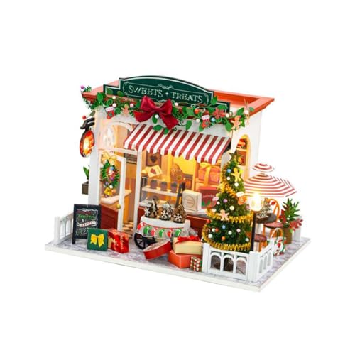 perfk Puppenhaus-DIY-Miniatur-Bausätze, Miniatur-Weihnachten, Holzhandwerksspielzeug, kreativ, mit Möbeln, handgefertigtes Puppenhaus für Kinder von perfk