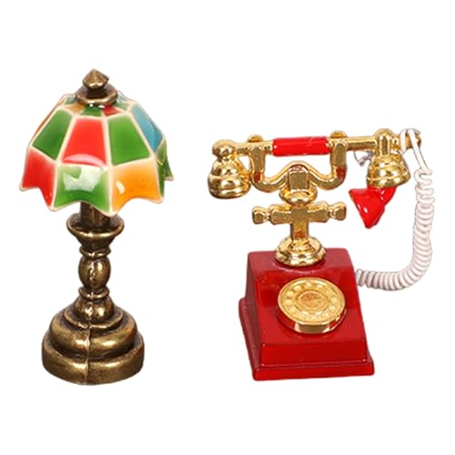 perfk Puppenhaus-Miniatur-Lampe und Wählscheibentelefon-Set, Wählscheibentelefon-Dekoration 1/12 Mini-Tischlampe für Puppenhaus-Partygeschenke, Mehrfarbig von perfk