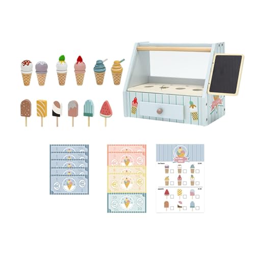 perfk Spielset mit Eistheke aus Holz, Eiscreme-Set aus Holz, Spielset mit Lebensmitteln und Zubehör, Lebensmittel-Spielzeugset für Mädchen und Jungen im von perfk