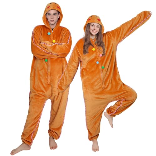 pewjury Weihnachtlicher Einteiler-Pyjama für Damen, Lebkuchenmann-Kostüm, Erwachsene, Unisex, Einteiler, Cosplay, Lebkuchen-Pyjama, Braun von pewjury