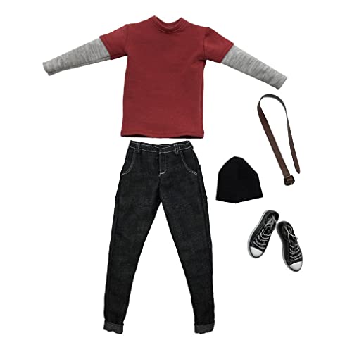 pistro 1/6 Herren Kleidung Schwarz Lang T-Shirt Denim Jeans Canvas Schuhe - Rot Schwarz von pistro