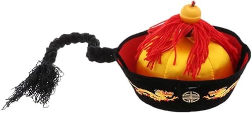 pistro Chinesischer orientalischer Kaiserhut mit Zöpfen für Herren, Pferdeschwanz, Drachen-Druck, Kostümparty, Zubehör, mehrfarbig, 56 cm von pistro