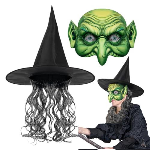 plsyyuw Schwarzer Hexen-Perückenhut, Halloween-Hexen-Perückenhut | Halloween Hexe Gesichtsbedeckung Damen | Damen Cosplay Requisiten Maskerade Set Vielseitiges Rollenspielkostüm für Spukhaus von plsyyuw