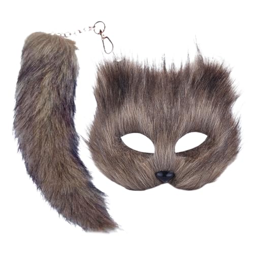 pofluany Bequemes Langes Tragen Kostüm Zubehör Halloween Party Furry Fox Gesicht Kissen Schwanz Set Cosplay für Grau von pofluany