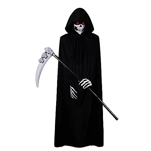 pologmase Sensenmann Kostüm | Cosplay Kostüm Sensenmann Umhang Schwarz mit Skeletthandschuhen | Halloween Cosplay Kostüm Maske 5-teilig von pologmase