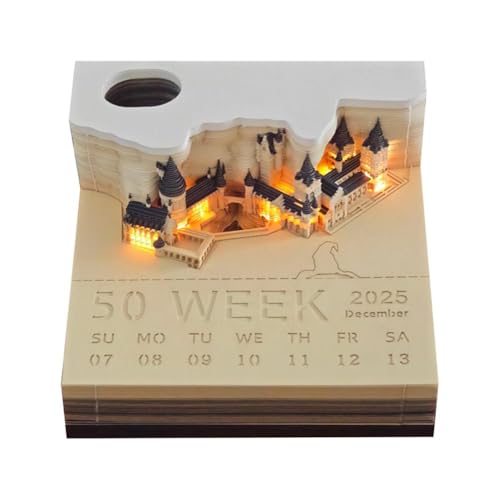 3D Notizblöcke, Magisches Schloss Wochenkalender mit Lichtern, 2025 Schreibtischkalender Memo Pad, 3D Papier Kunst Skulptur Kalender Notizblock, Papier Handwerk Baustein Weihnachten von pulunto