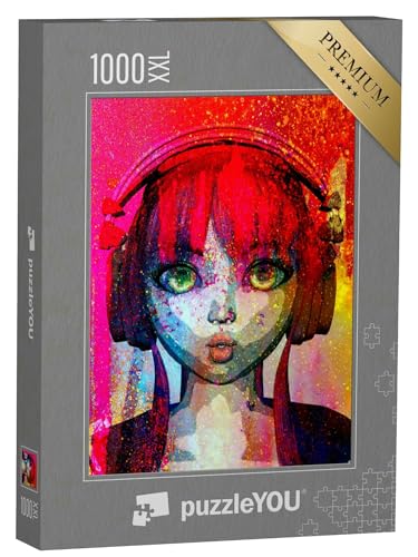 Puzzle 1000 Teile XXL „Porträt eines glücklichen Anime Mädchens mit Kopfhörer, 3D-Rendering, Pop-Art-Stil“ von puzzleYOU