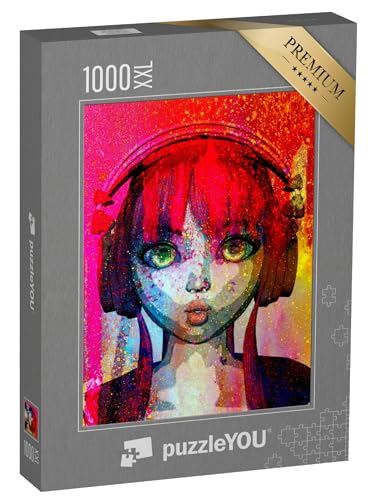 Puzzle 1000 Teile XXL „Porträt eines glücklichen Anime Mädchens mit Kopfhörer, 3D-Rendering, Pop-Art-Stil“ von puzzleYOU