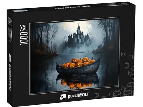 Puzzle 1000 Teile XXL „Spukschloss mit einem Boot voller Kürbisse“ von puzzleYOU