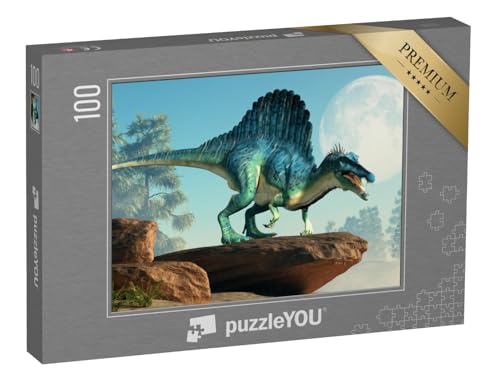 puzzleYOU: Puzzle 100 Teile „3D-Illustration: EIN Spinosaurus auf Einer Klippe bei Mondschein“ – aus der Puzzle-Kollektion Dinosaurier, Tiere aus Fantasy & Urzeit von puzzleYOU