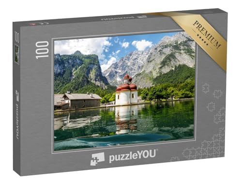 puzzleYOU: Puzzle 100 Teile „Blick vom Königssee auf Kirche St. Bartholomäus, Bayern“ – aus der Puzzle-Kollektion Seen, Burgen, Bayern, Bergseen, Königssee, Flüsse & Seen, Bayerische Alpen von puzzleYOU