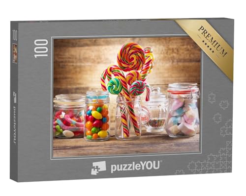 puzzleYOU: Puzzle 100 Teile „Bunte Bonbons, Gelees, Lutscher, Marshmallows und Marmelade in Glasgefäßen“ – aus der Puzzle-Kollektion Süßigkeiten von puzzleYOU