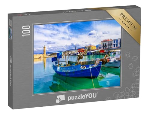 puzzleYOU: Puzzle 100 Teile „Buntes Griechenland: Rethymnon mit Leuchtturm und Booten, Kreta“ – aus der Puzzle-Kollektion Griechenland von puzzleYOU