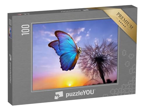 puzzleYOU: Puzzle 100 Teile „Der Blaue Morpho Schmetterling auf Einer Pusteblume“ – aus der Puzzle-Kollektion Schmetterlinge, Insekten & Kleintiere von puzzleYOU