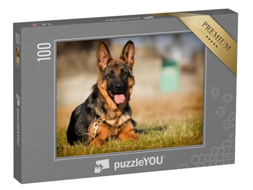 puzzleYOU: Puzzle 100 Teile „Deutscher-Schäferhund-Welpe, Alter fünf Monate, liegt im Gras“ – aus der Puzzle-Kollektion Hunde, Schäferhunde von puzzleYOU