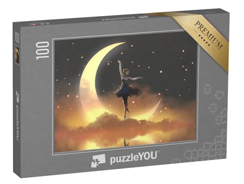 puzzleYOU: Puzzle 100 Teile „Digitale Kunst: Glühwürmchen und Ballerina tanzen im Mondschein“ – aus der Puzzle-Kollektion Illustrationen von puzzleYOU