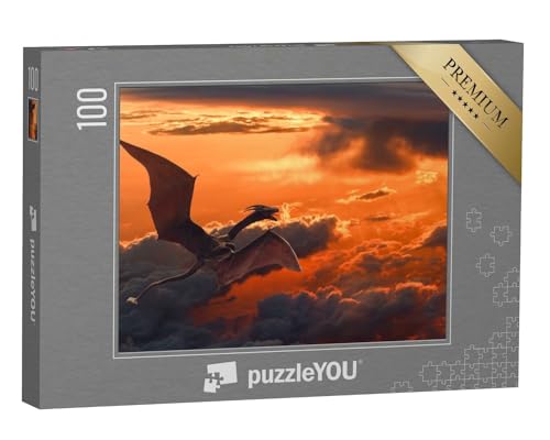 puzzleYOU: Puzzle 100 Teile „Drache fliegt über orangefarbene Wolken bei Sonnenuntergang“ – aus der Puzzle-Kollektion Drache, Tiere aus Fantasy & Urzeit von puzzleYOU