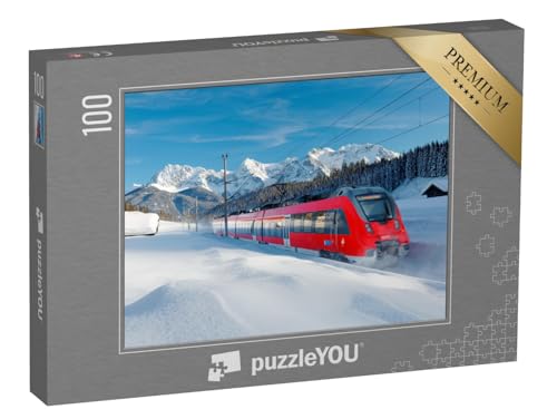 puzzleYOU: Puzzle 100 Teile „Eisenbahn am winterlichen Karwendelgebirge, Deutschland“ – aus der Puzzle-Kollektion Garmisch, Karwendel von puzzleYOU