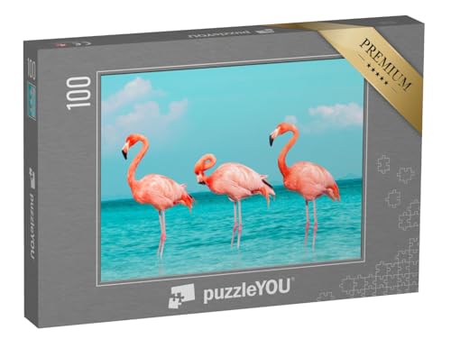 puzzleYOU: Puzzle 100 Teile „Flamingos im blauen Meer“ – aus der Puzzle-Kollektion Flamingos, Tiere in Savanne & Wüste, Exotische Tiere & Trend-Tiere von puzzleYOU