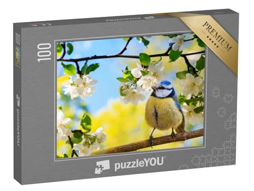 puzzleYOU: Puzzle 100 Teile „Frühling: Blaumeise sitzt auf einem Zweig eines blühenden Apfelbaums“ – aus der Puzzle-Kollektion Vögel von puzzleYOU