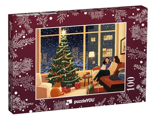 puzzleYOU: Puzzle 100 Teile „Gemütlicher Weihnachtsabend vor strahlendem Christbaum“ – aus der Puzzle-Kollektion Weihnachten von puzzleYOU