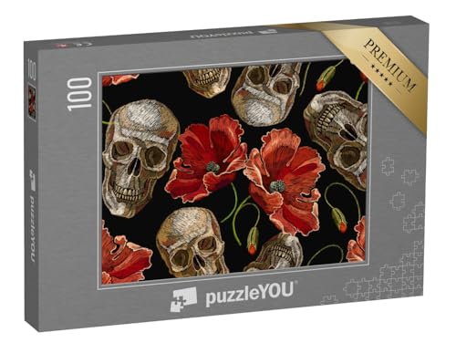 puzzleYOU: Puzzle 100 Teile „Gothic-Motiv Stickerei menschlicher Schädel und rote Mohnblumen“ – aus der Puzzle-Kollektion Gothik von puzzleYOU