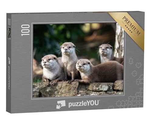 puzzleYOU: Puzzle 100 Teile „Gruppe von Vier aufmerksamen Orientalischen Kleinfischottern“ – aus der Puzzle-Kollektion Otter, Fische & Wassertiere von puzzleYOU