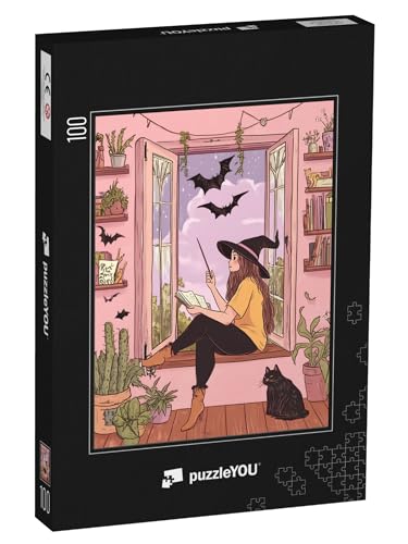 puzzleYOU: Puzzle 100 Teile „Hexe sitzt am Fenster, Halloween“ von puzzleYOU