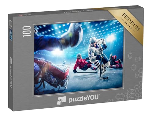 puzzleYOU: Puzzle 100 Teile „Hockeyspieler schießen den Puck und greifen an“ – aus der Puzzle-Kollektion Menschen, Eishockey von puzzleYOU