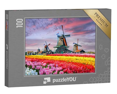 puzzleYOU: Puzzle 100 Teile „Landschaft mit Tulpen und traditionellen holländischen Windmühlen, Niederlande“ – aus der Puzzle-Kollektion Holland von puzzleYOU