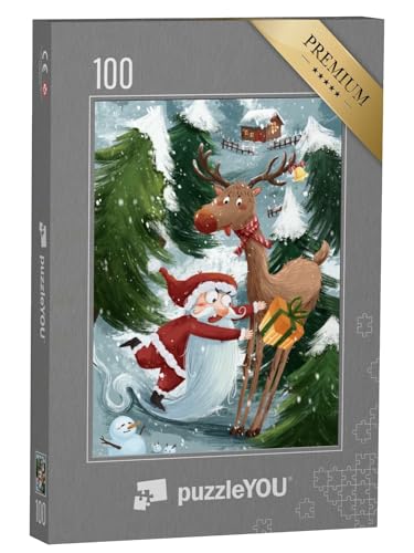 puzzleYOU: Puzzle 100 Teile „Lustige Weihnachts-Illustration mit Weihnachtsmann, Rentier und Schneemann“ – aus der Puzzle-Kollektion Weihnachten von puzzleYOU