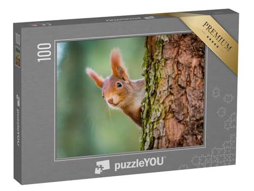 puzzleYOU: Puzzle 100 Teile „Neugieriges rotes Eichhörnchen lugt hinter dem Baumstamm hervor“ – aus der Puzzle-Kollektion Eichhörnchen, Tiere in Wald & Gebirge von puzzleYOU