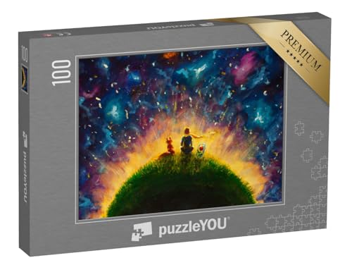 puzzleYOU: Puzzle 100 Teile „Original-Ölgemälde: Kleiner Prinz, Fuchs und Rote Rose sitzen im Gras“ – aus der Puzzle-Kollektion Illustrationen von puzzleYOU