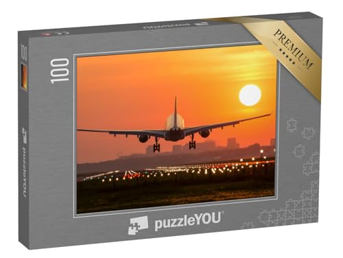 puzzleYOU: Puzzle 100 Teile „Passagierflugzeug bei der Landung im Sonnenuntergang“ – aus der Puzzle-Kollektion Flugzeuge von puzzleYOU